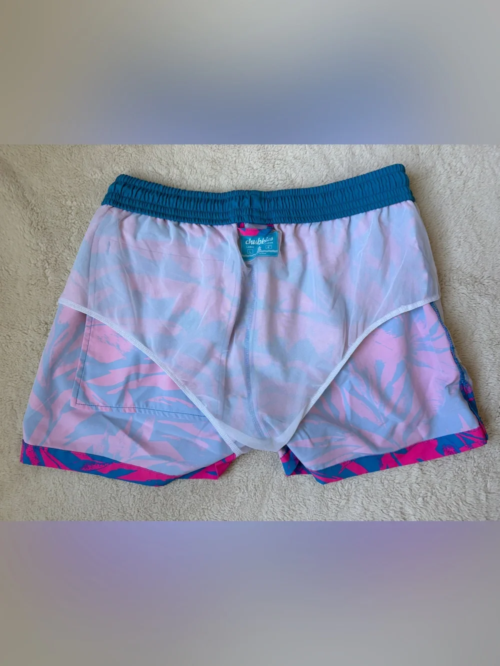 Chubbies Men's The Palm Springers Lined Pink & Blue 4” Swim Shorts Large